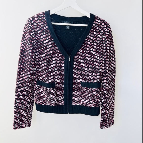 St. John textured Knit jacket, black/red, Size M E26 - Picture 2 of 11